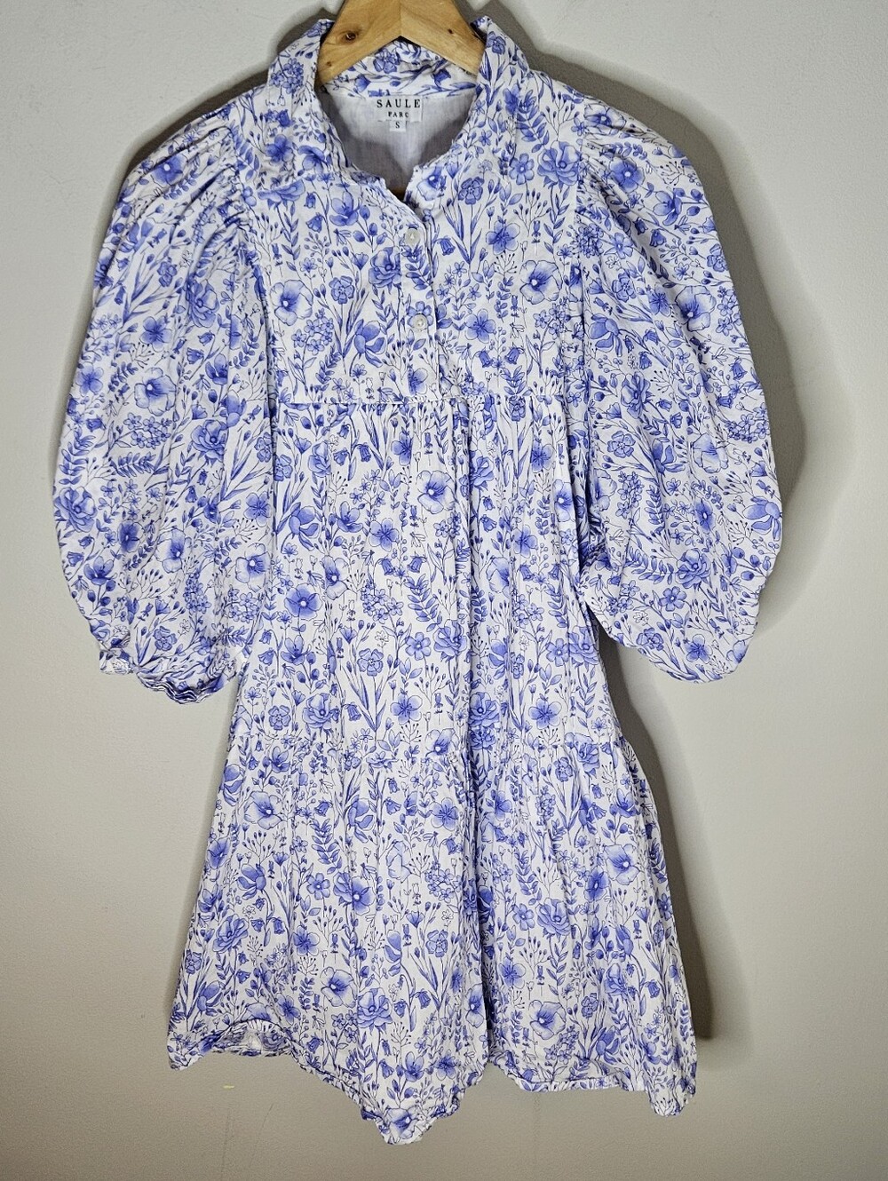 Saule Parc Blockprint Mini Dress Blue White Floral Short Sleeve S Small